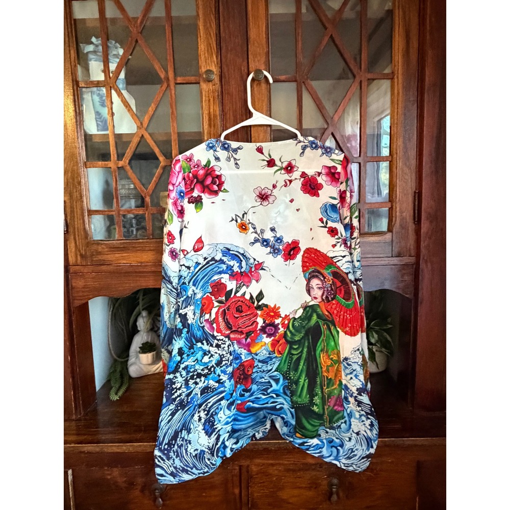 Hale Bob 100% Silk Tunic Blouse M Blue Floral Koi Fish Geisha - Picture 2 of 6